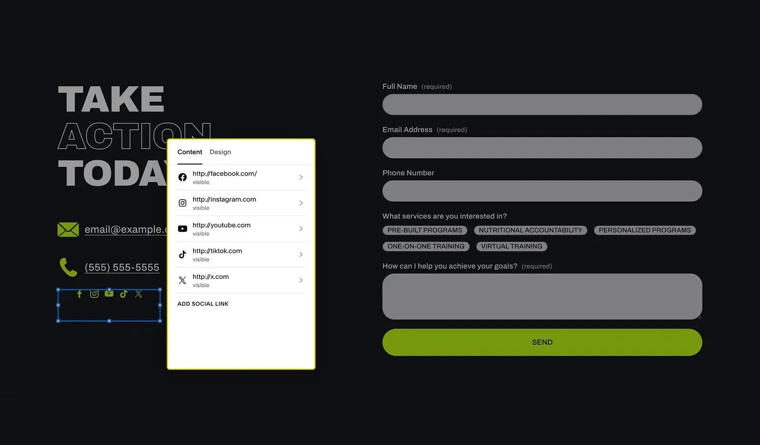 An example of adding Social Links in the Squarespace editor.