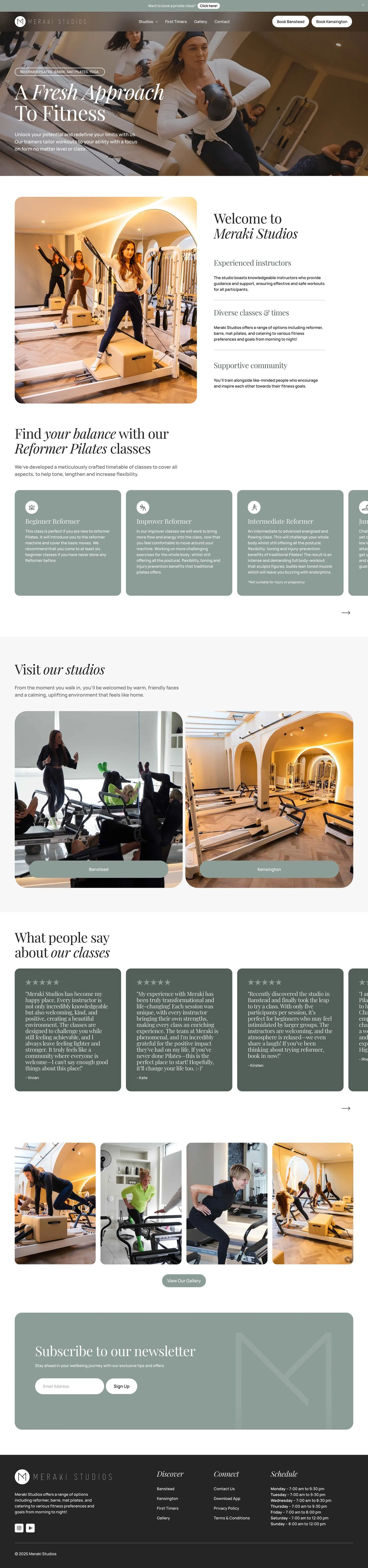 Full homepage design of the Meraki Studios website