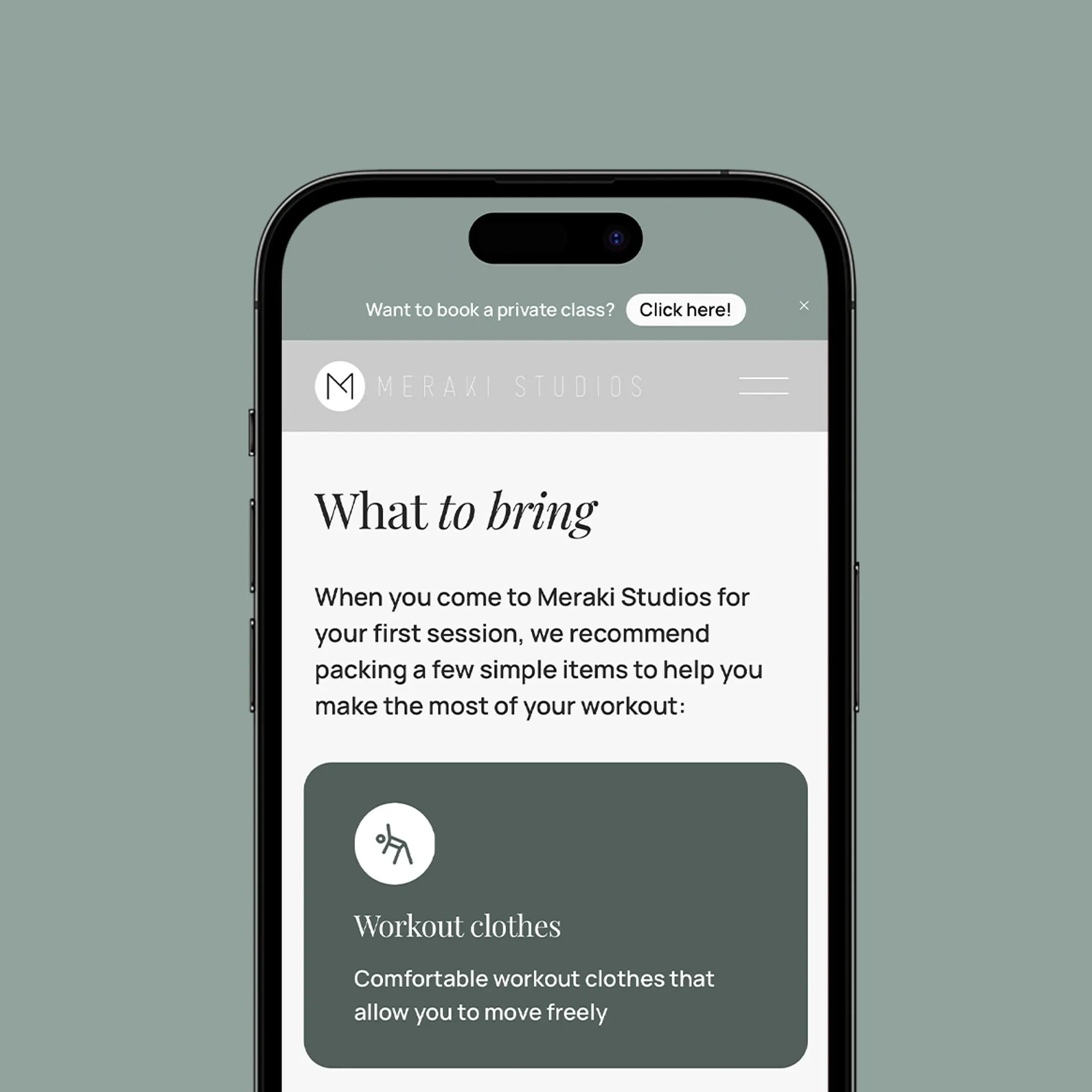 Meraki Studios website on a phone