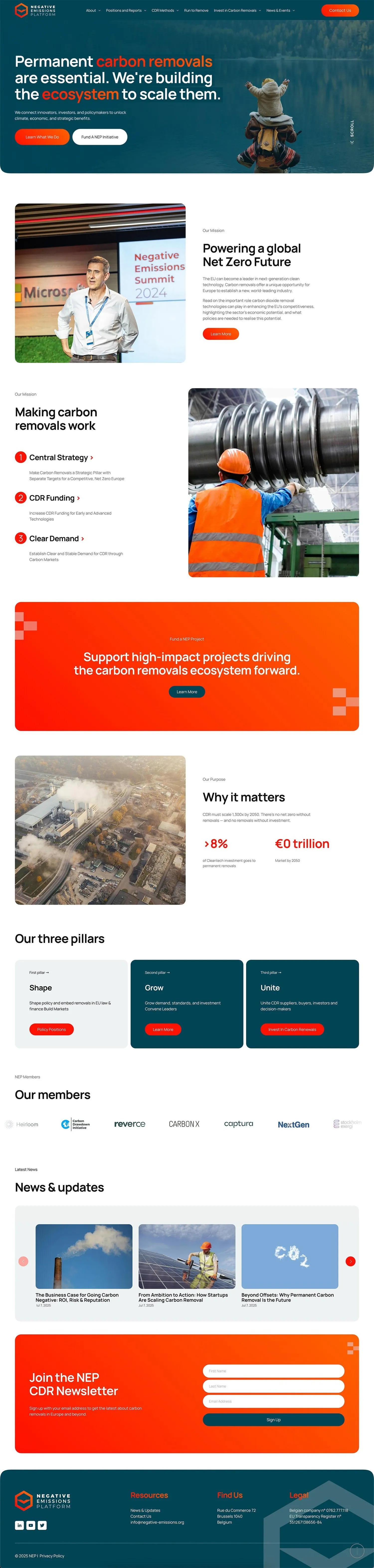 Full homepage design of the Negative Emissions Platform website