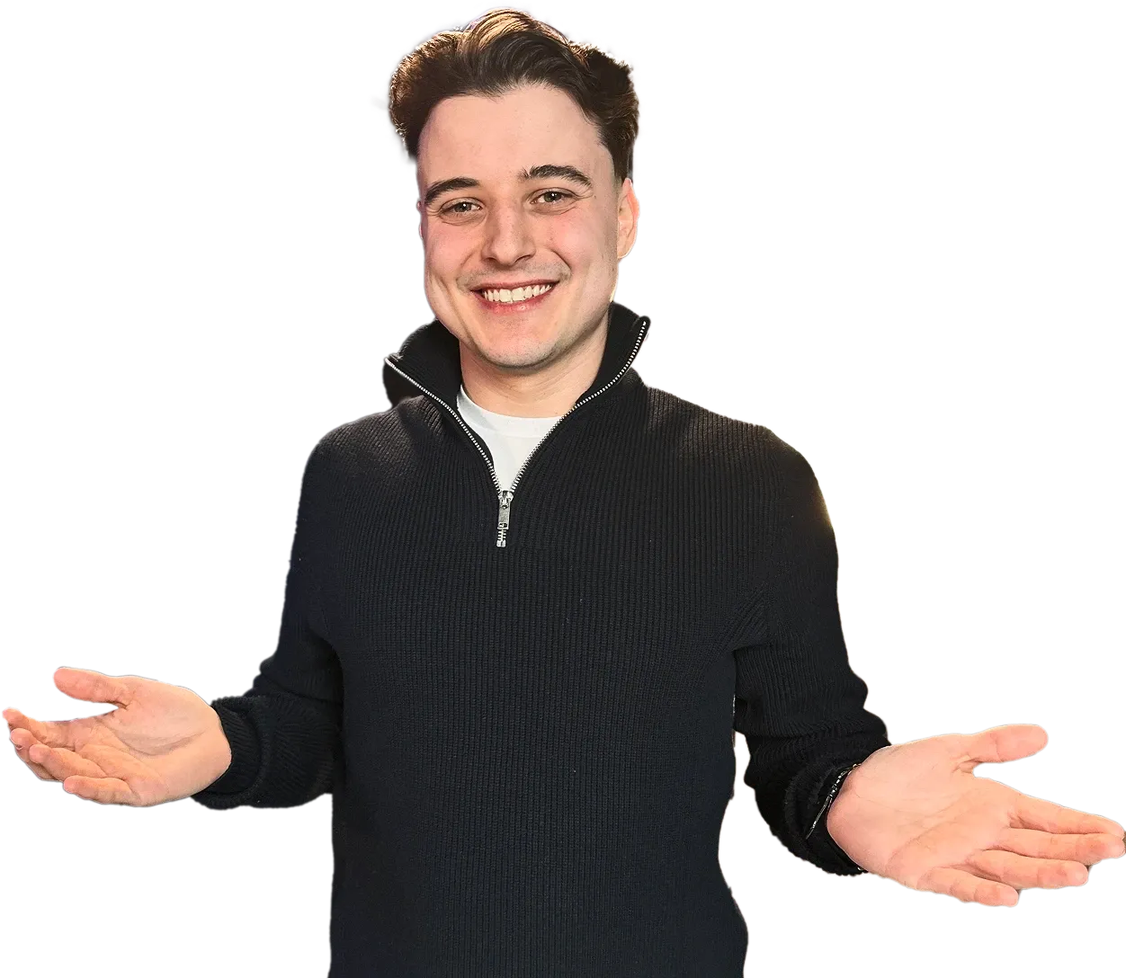 Nick Croce with his arms out, wearing over-ear headphones, with a laptop and a phone floating above his open hands