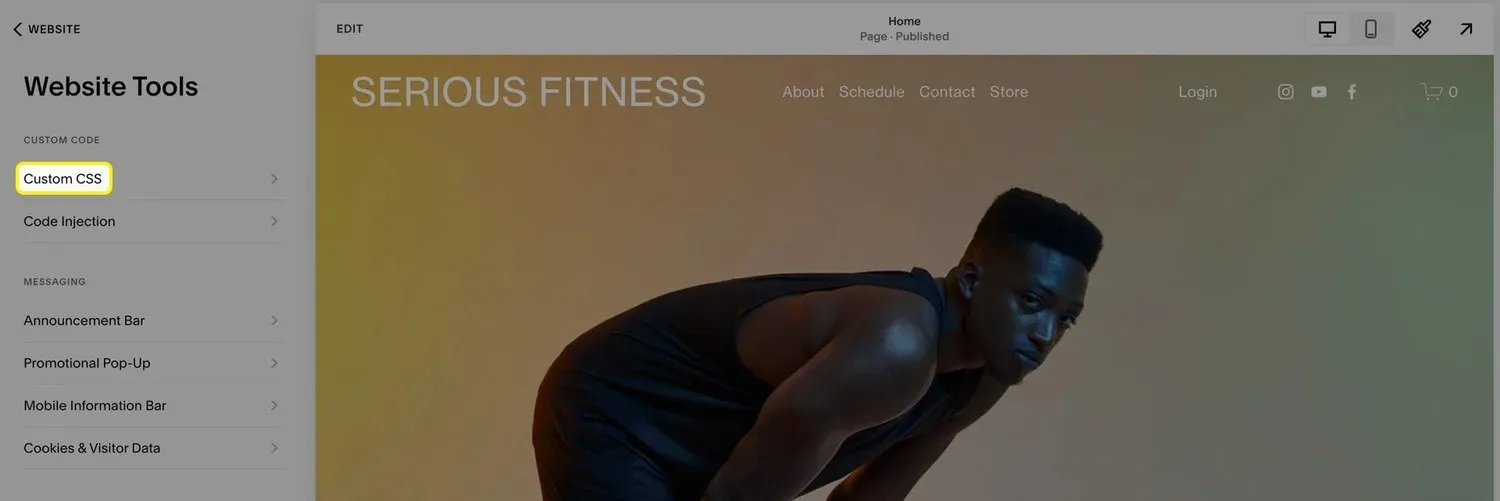 A screenshot of the Squarespace editor, highlighting the "Custom CSS" option in the menu.
