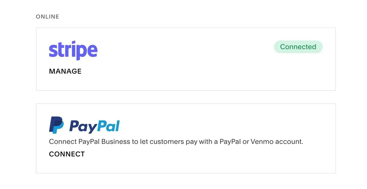A screenshot of the payments options in Squarespace's settings including Stripe and PayPal.