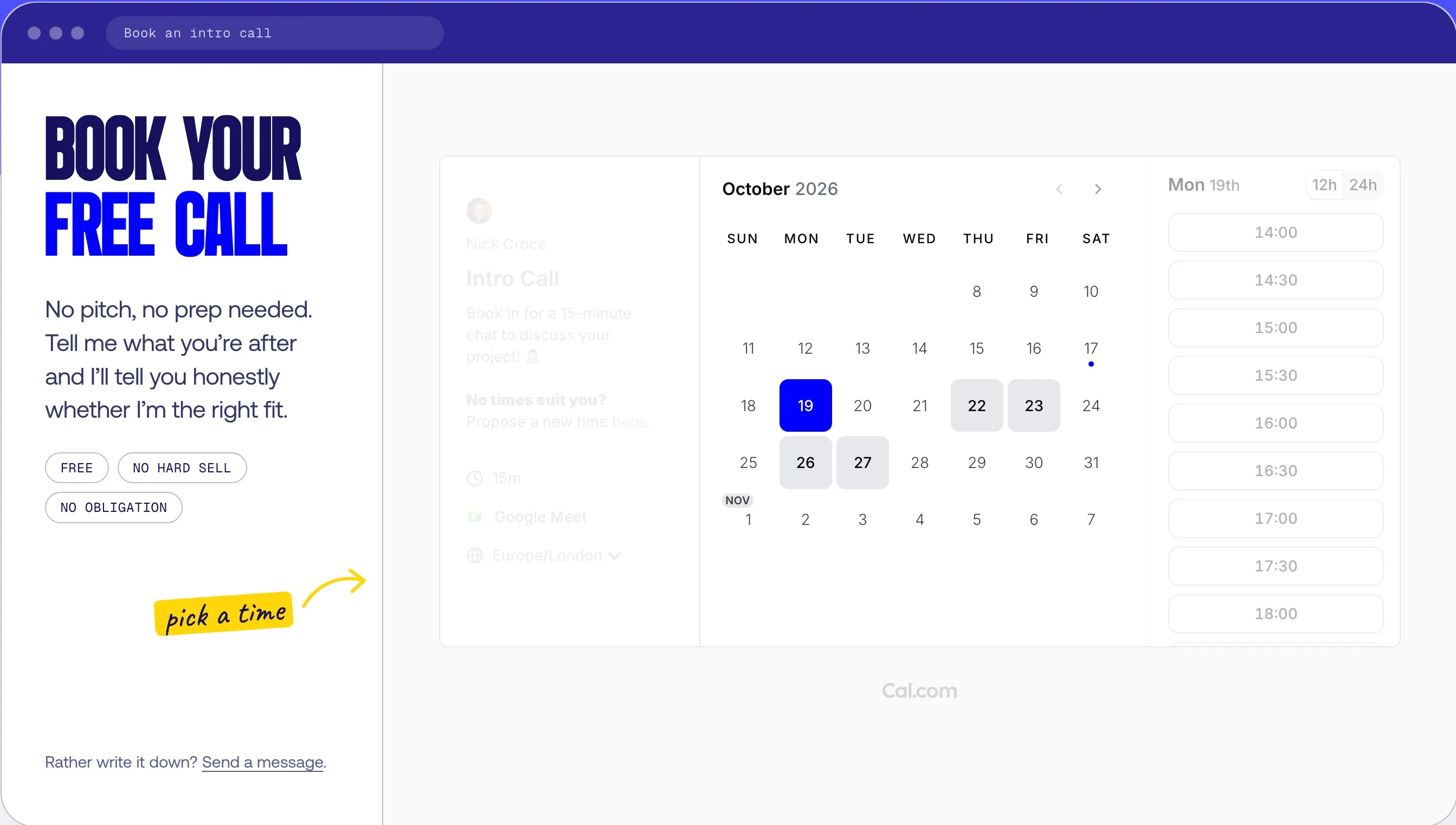 The Design by Ency contact page with a Cal.com month-view scheduler embedded next to the Book your free call heading