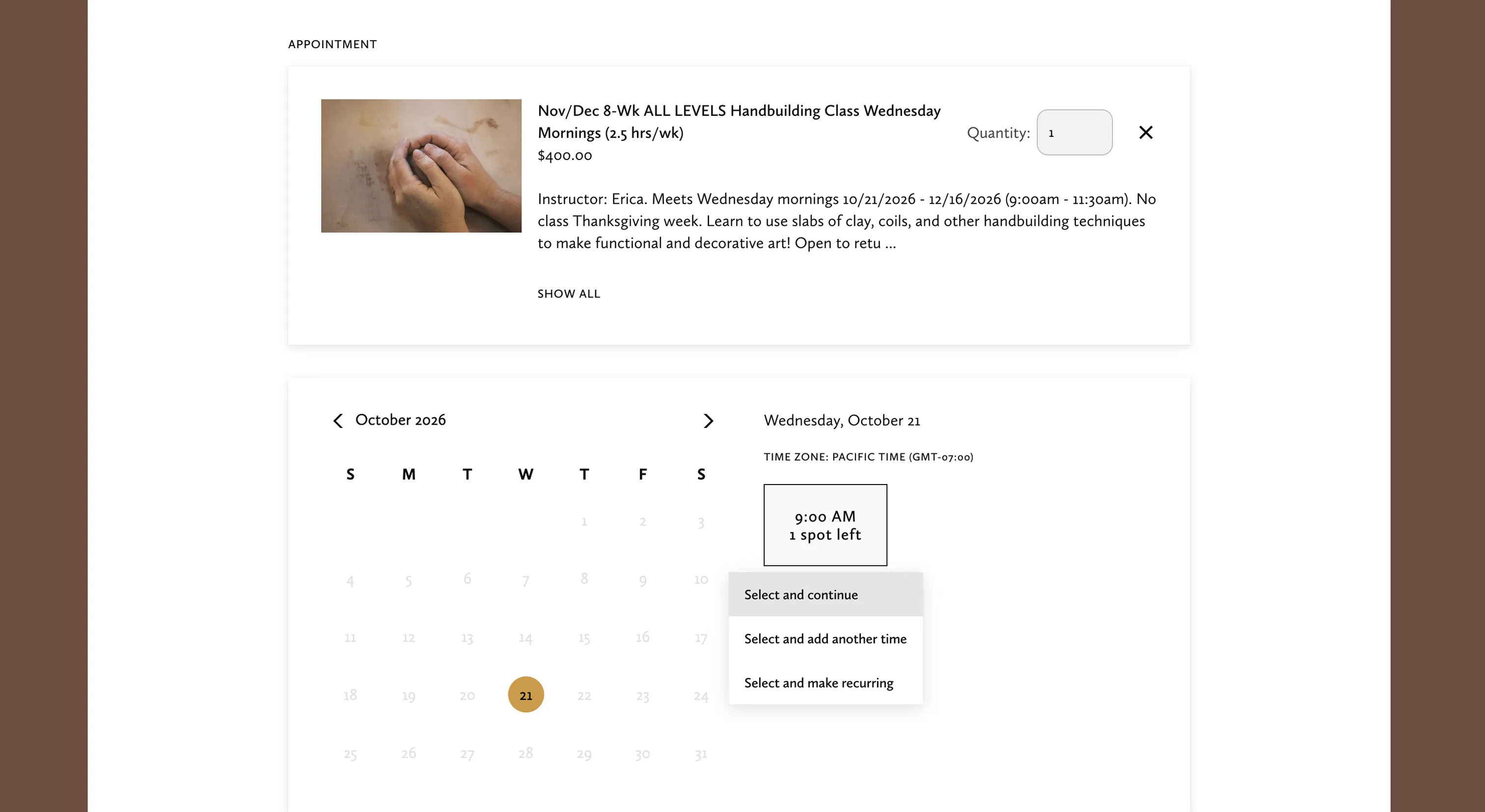 Lizzy Eichorn Studios' class booking page in Acuity: an eight-week handbuilding class at $400 with the instructor, dates and times, a month calendar with one bookable date, and a 9:00 AM slot showing 1 spot left