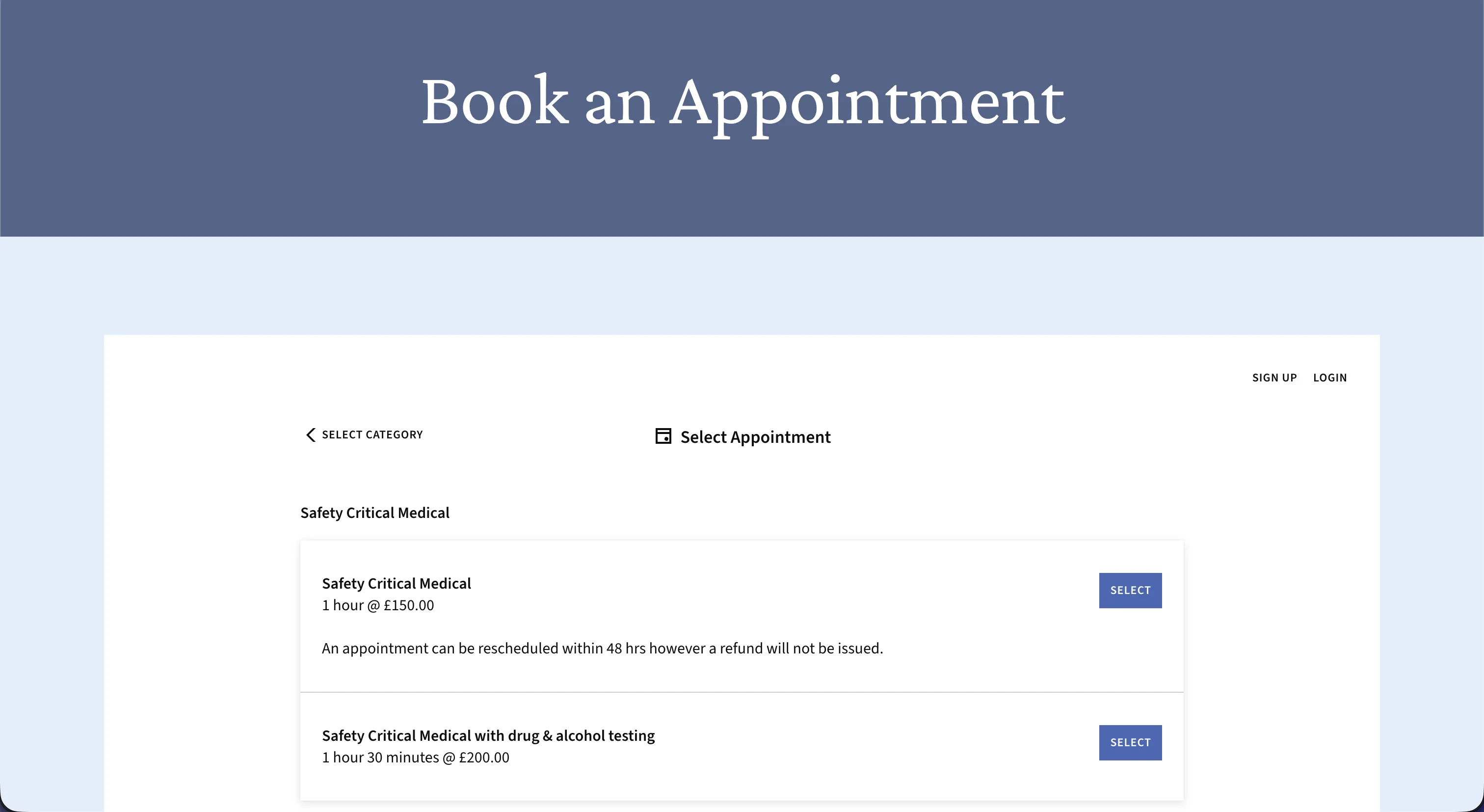 Turners Occupational Health's Book an Appointment page: the Acuity scheduler embedded in the site, listing Safety Critical Medical at 1 hour for £150 and the version with drug and alcohol testing at 1 hour 30 minutes for £200, each with a Select button