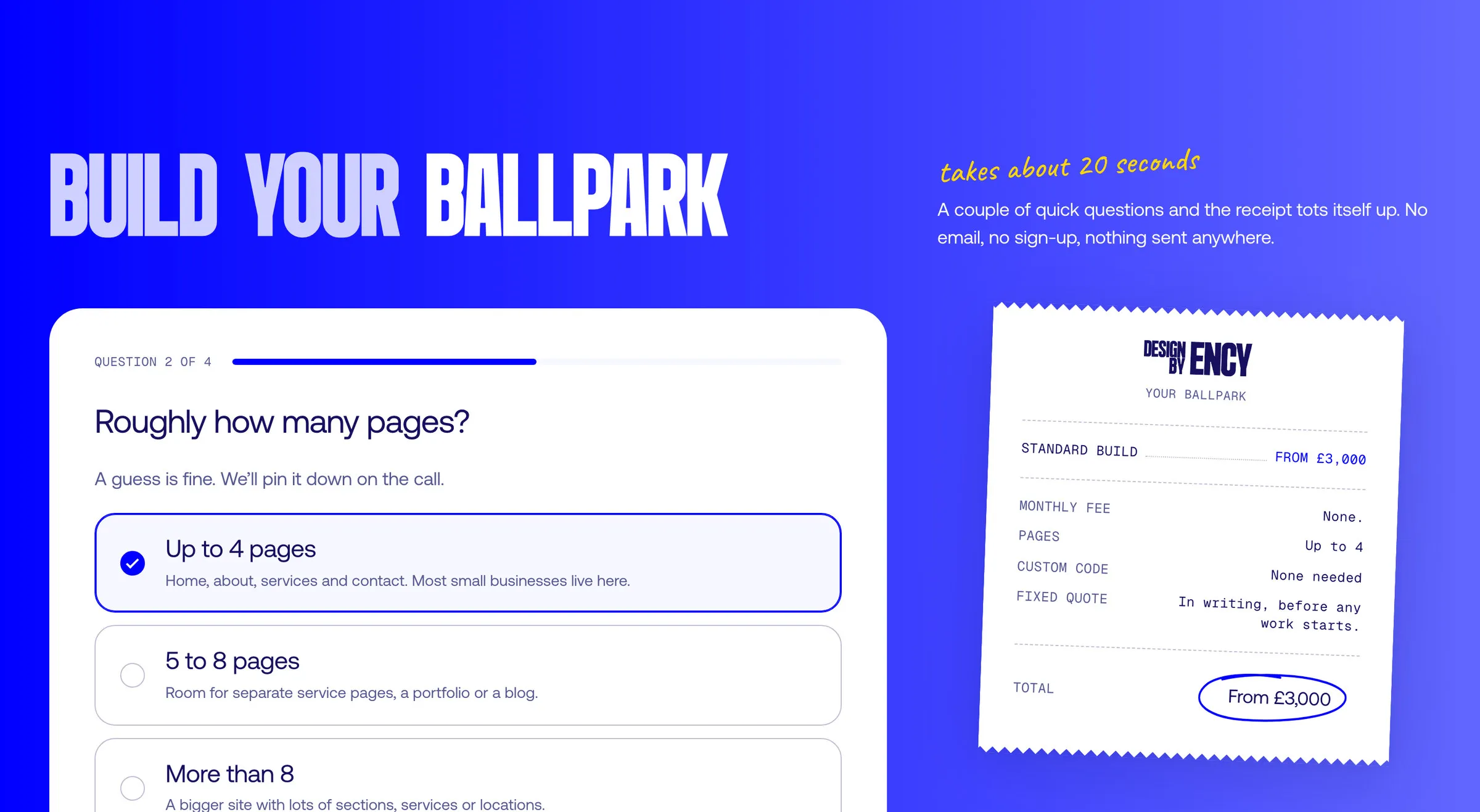 The quote builder on designbyency.com with a custom build and up to 4 pages picked: the receipt on the right totals From £3,000 before any call