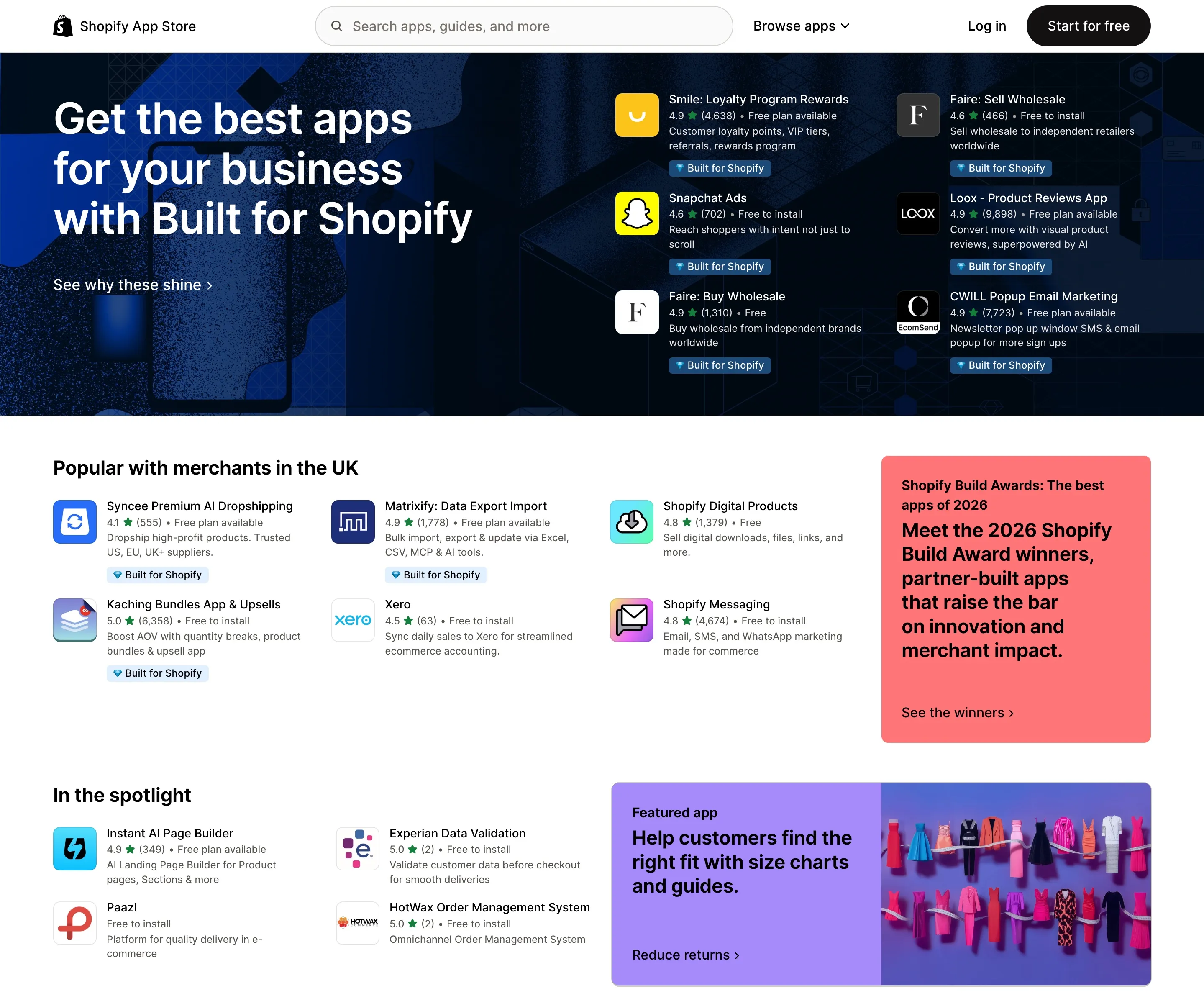 The Shopify App Store home page, with Built for Shopify apps and a Popular with merchants in the UK section listing dropshipping, data import, digital products, bundles, Xero and messaging apps