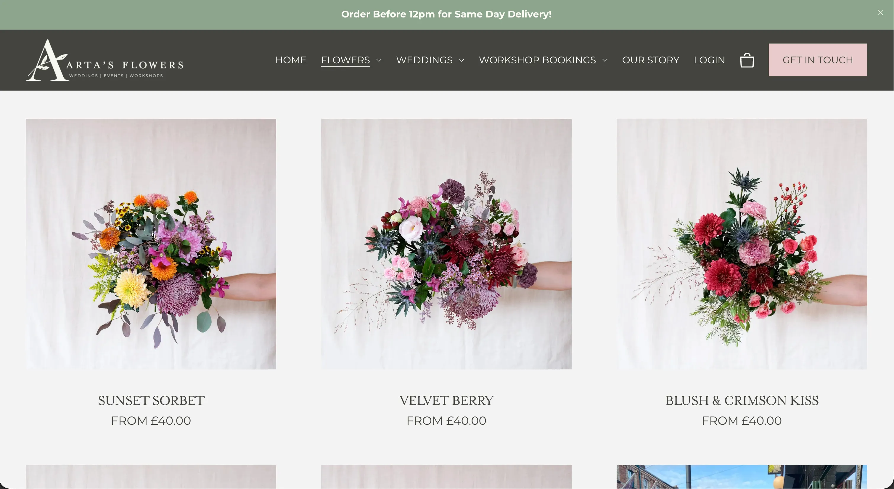 The Arta's Flowers Liverpool online shop on Squarespace: a same-day delivery banner, the Flowers collection with Sunset Sorbet, Velvet Berry and Blush & Crimson Kiss bouquets from £40, and Workshop Bookings in the navigation