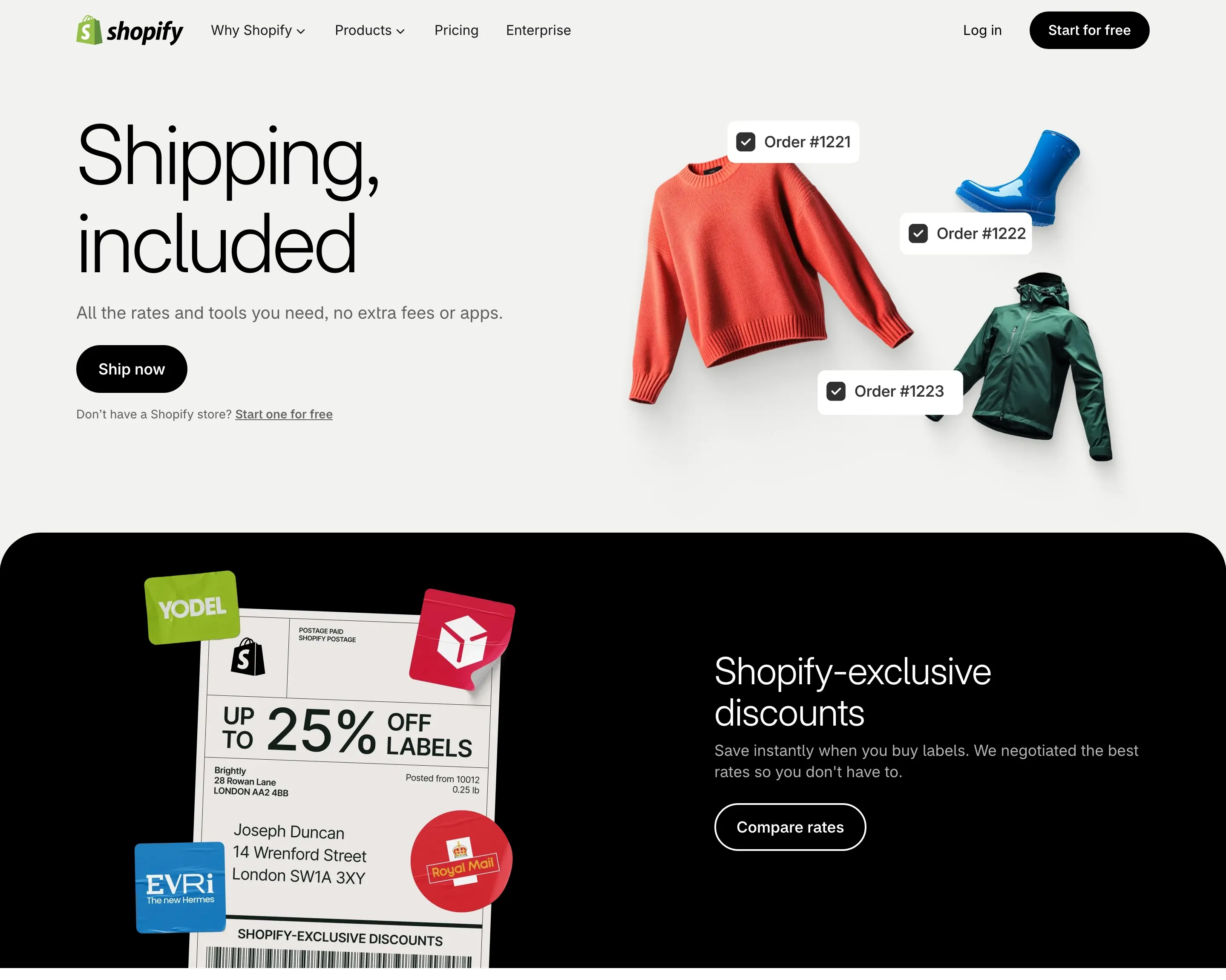 Shopify's UK shipping page: Shipping, included, with Royal Mail, Evri and Yodel labels and up to 25% off postage