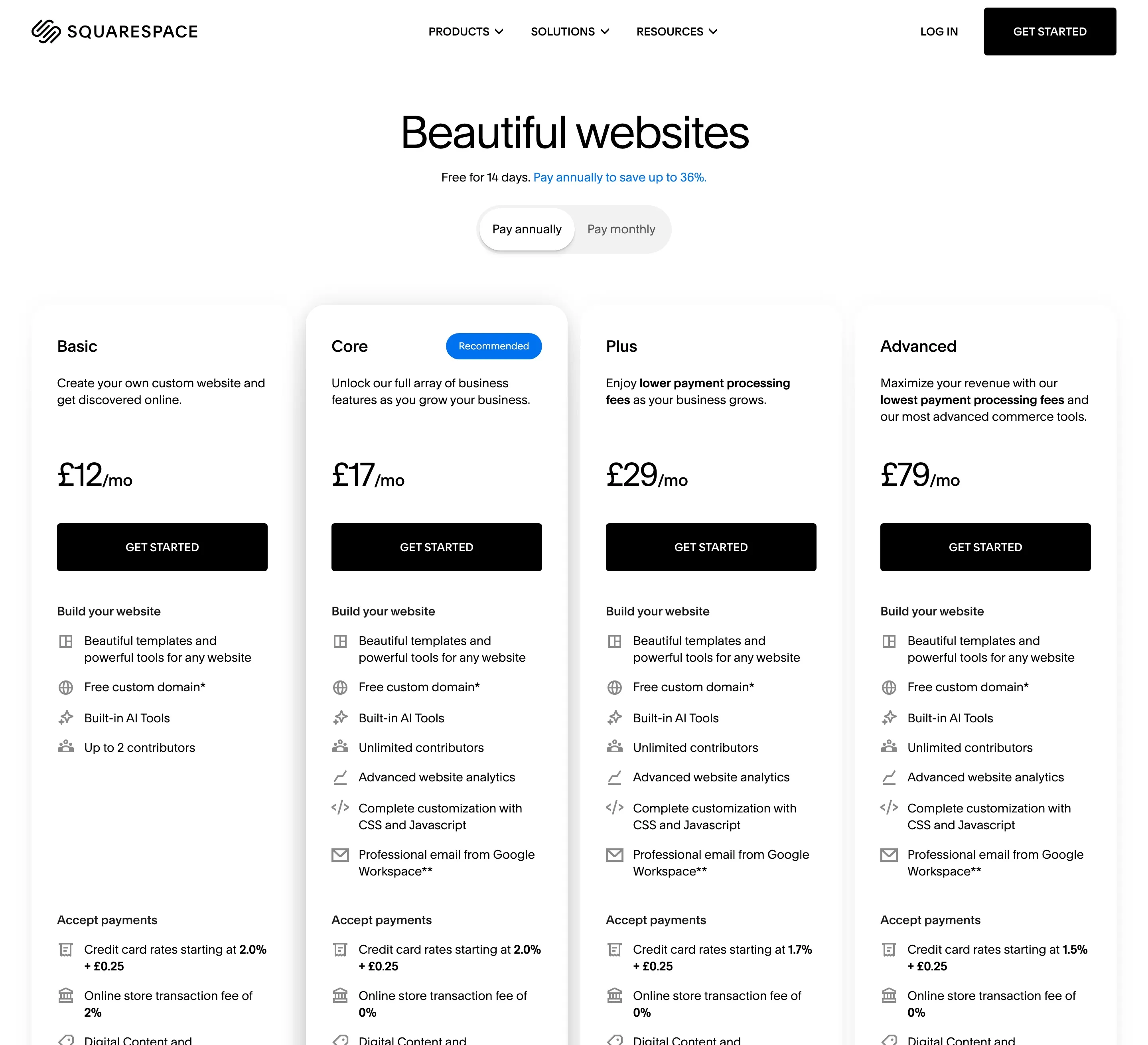Squarespace's UK pricing page showing Basic £12, Core £17, Plus £29 and Advanced £79 a month on annual billing