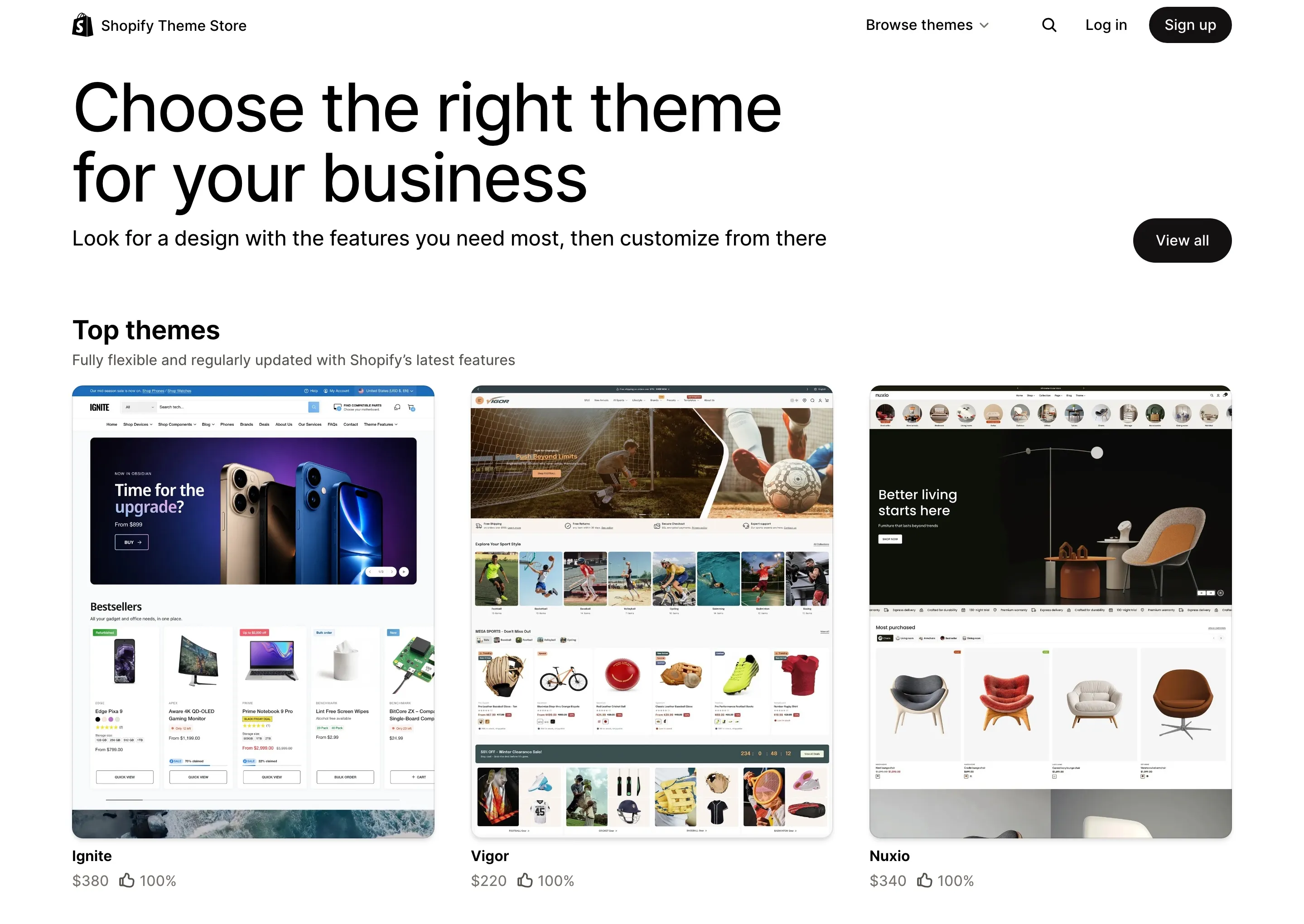 The Shopify Theme Store: Choose the right theme for your business, with the top themes Ignite at $380, Vigor at $220 and Nuxio at $340