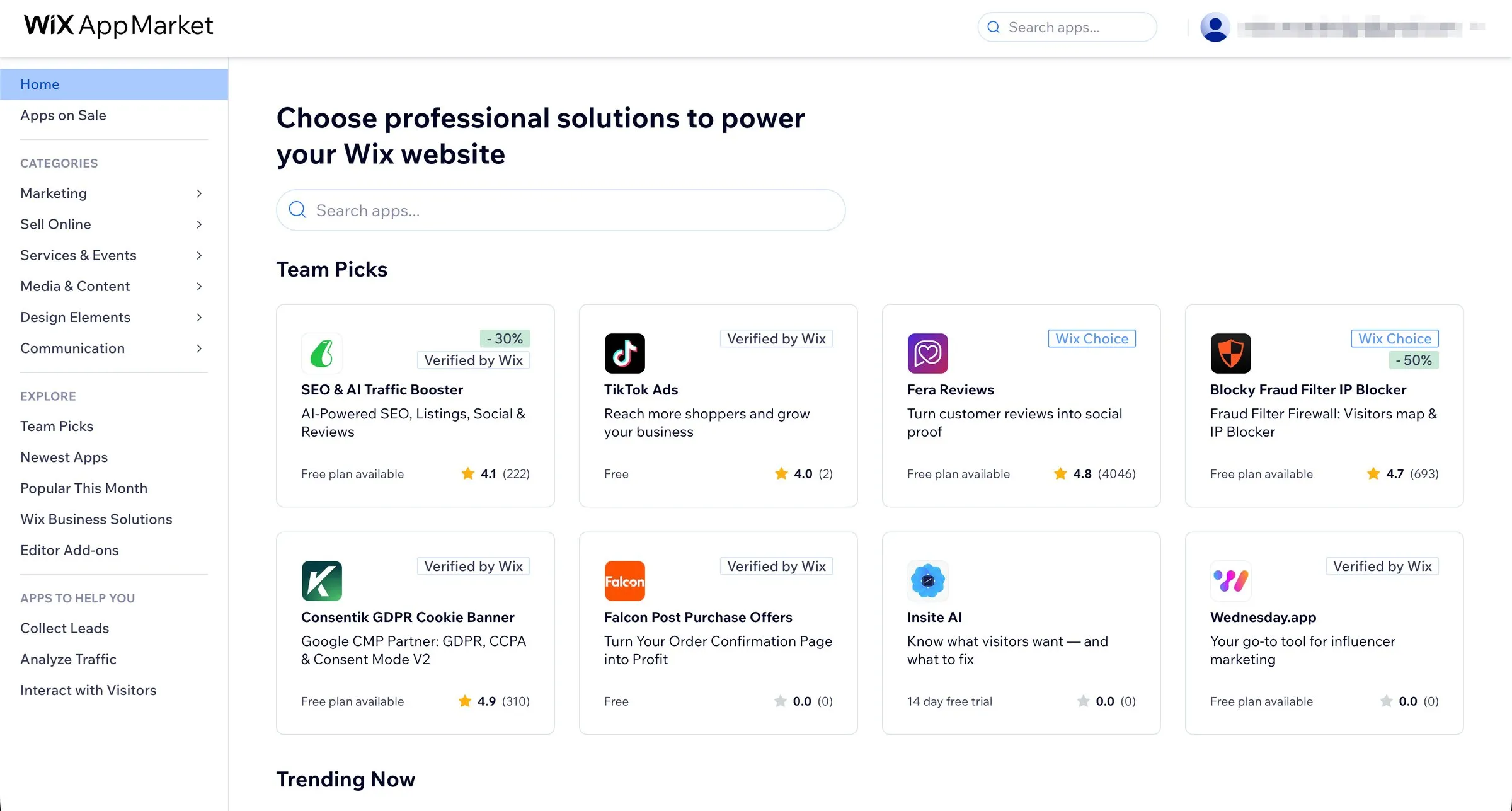 The Wix App Market, with categories of third-party apps to add to a Wix site