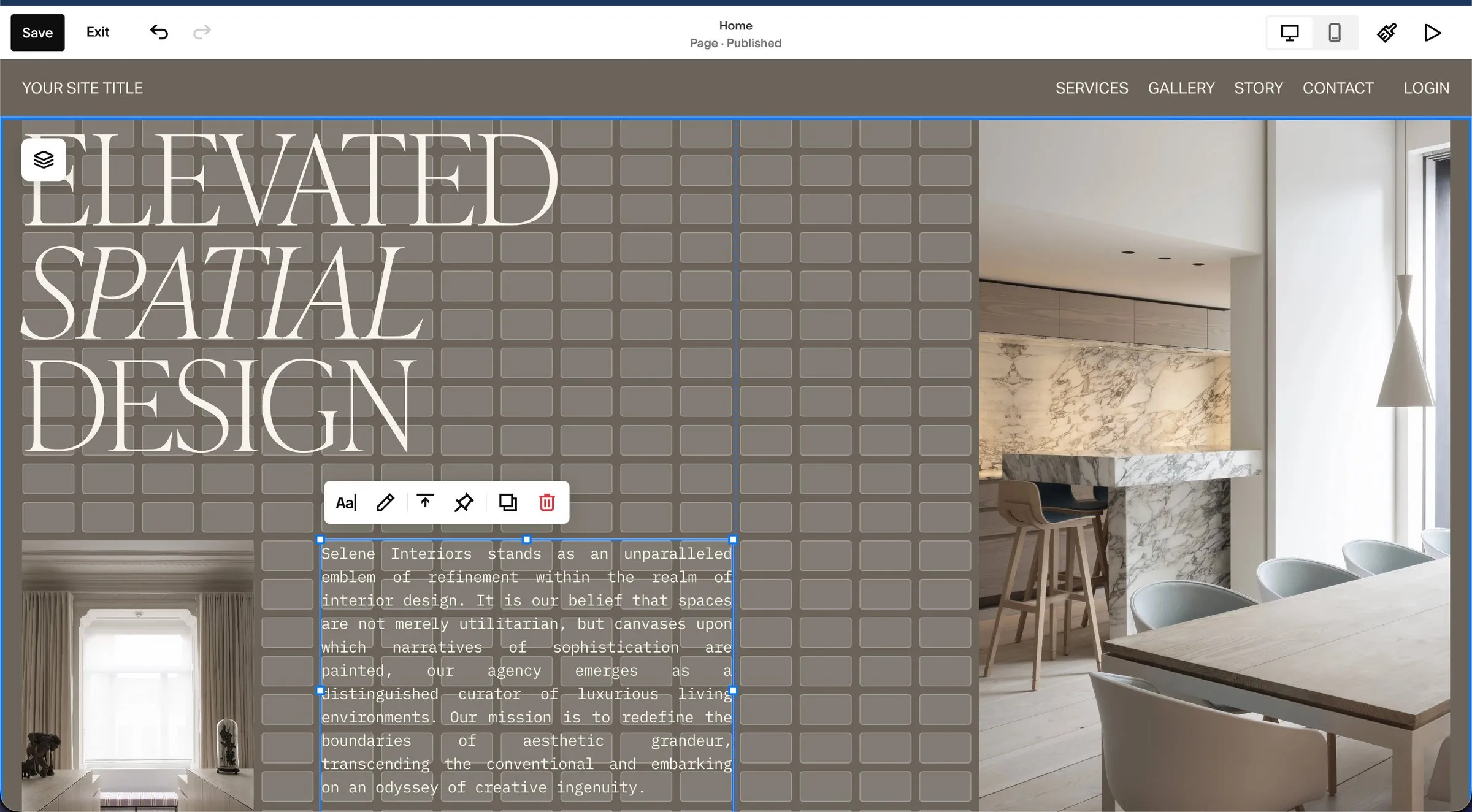 The Squarespace editor with its grid layout system