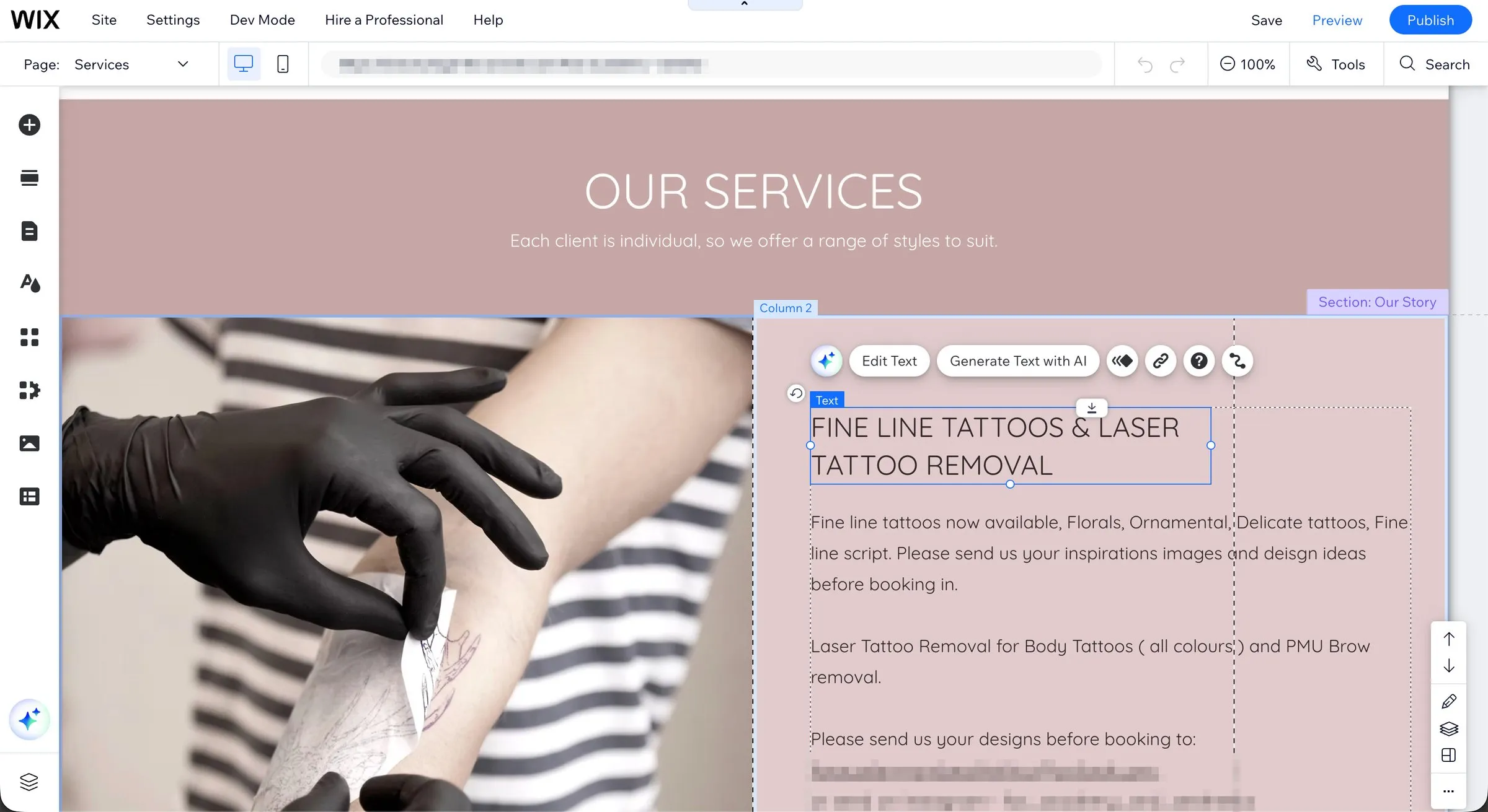 The Wix editor open on a client website, showing the free-form drag-and-drop canvas