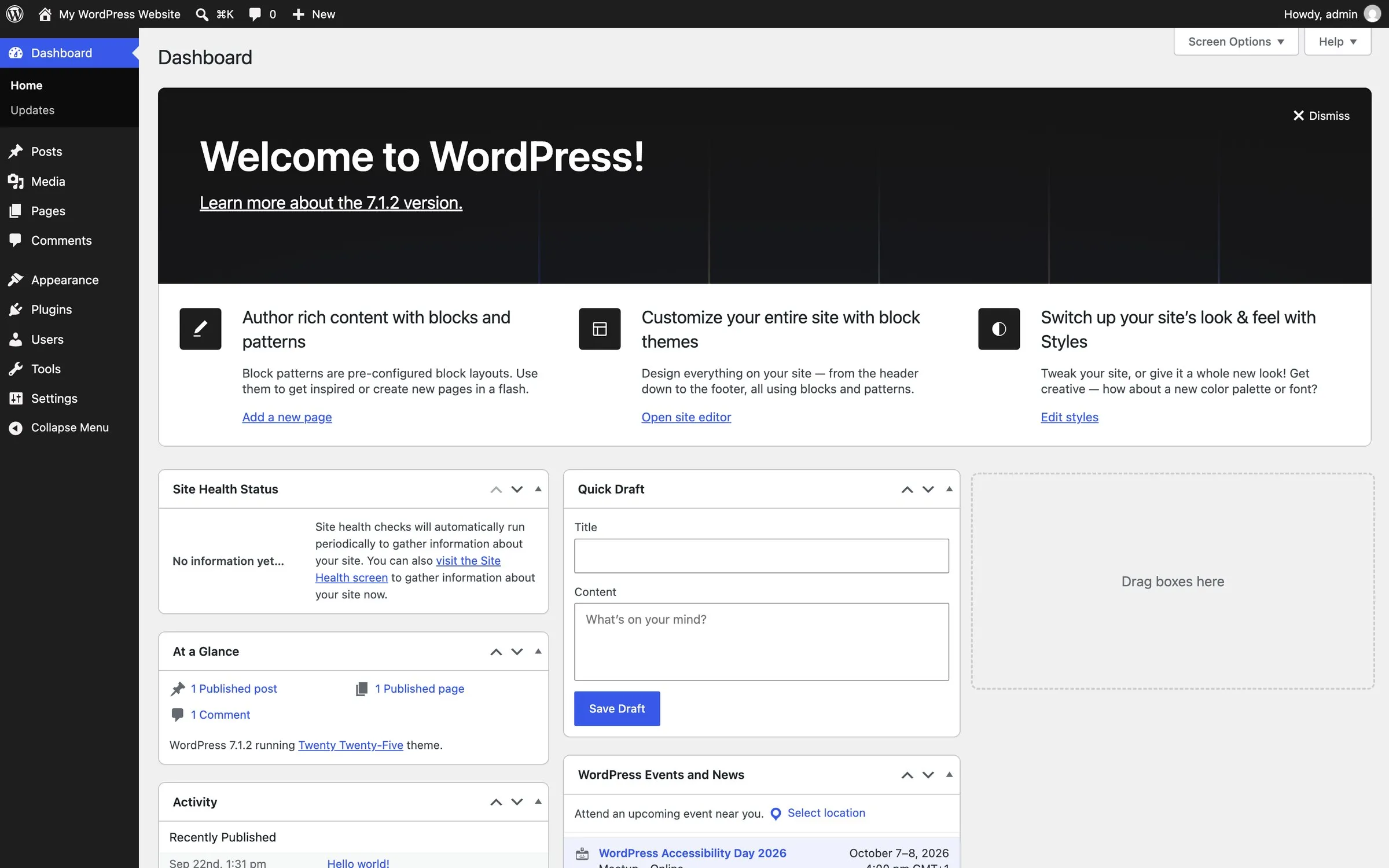 The WordPress dashboard on a brand new install