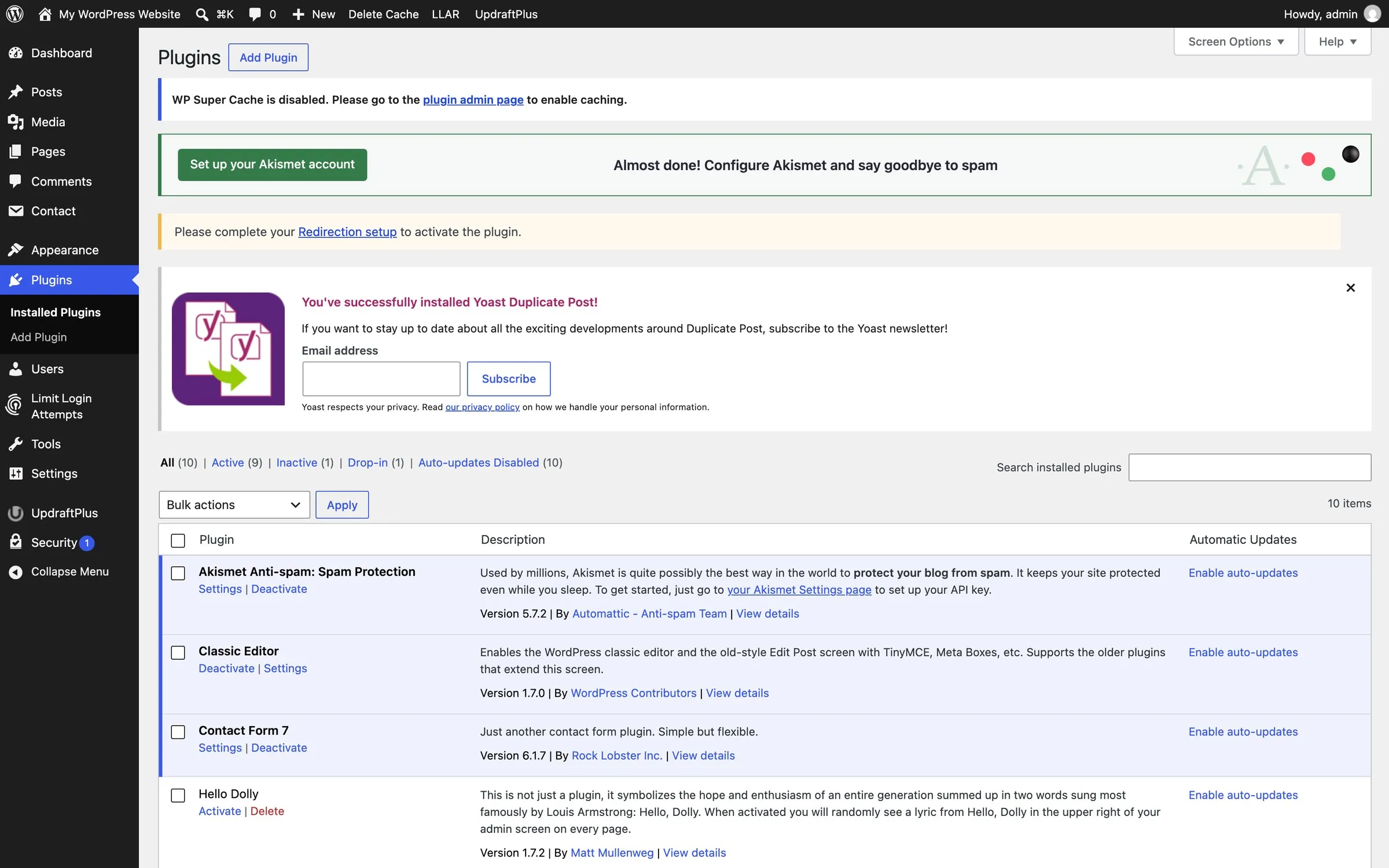 The WordPress plugins screen with ten plugins installed and four set-up notices showing