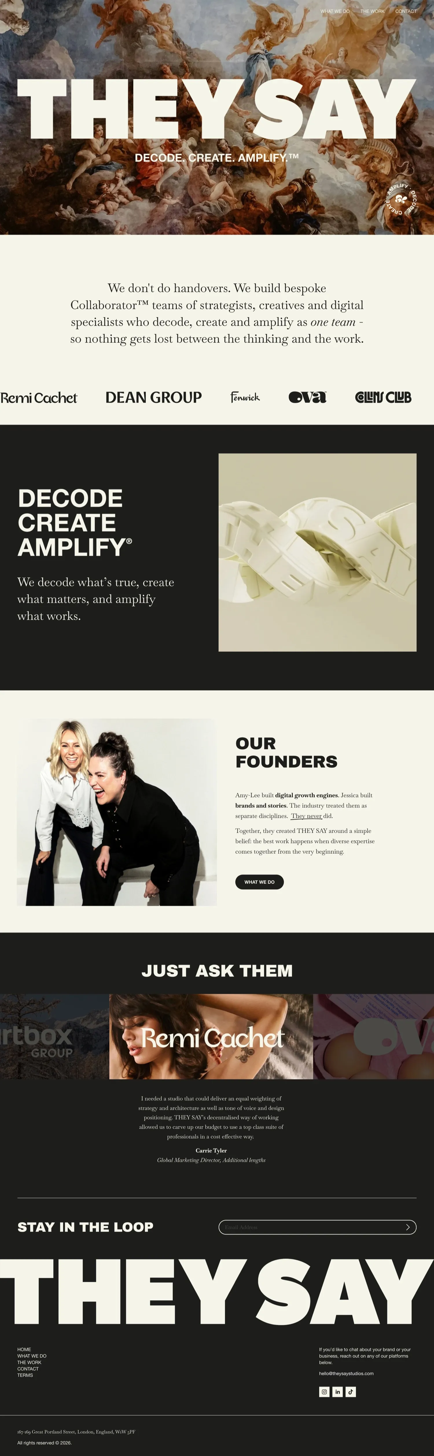 Full homepage design of the THEY SAY Studios website