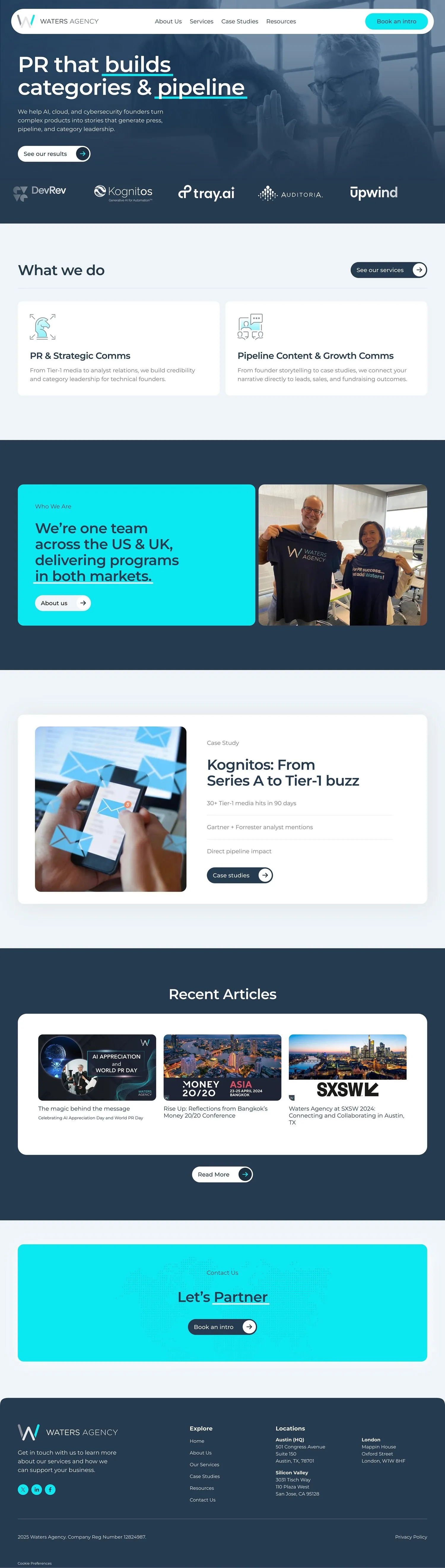 Full homepage design of the Waters Agency website